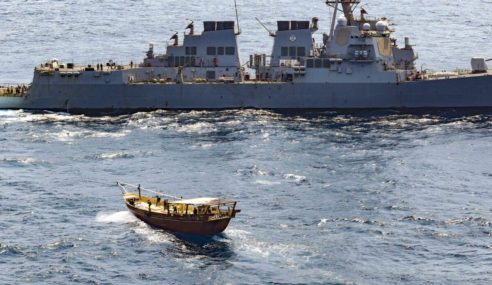 Guided-missile destroyer Winston Churchill seizes thousands of illicit weapons from dhows off Somalia coast